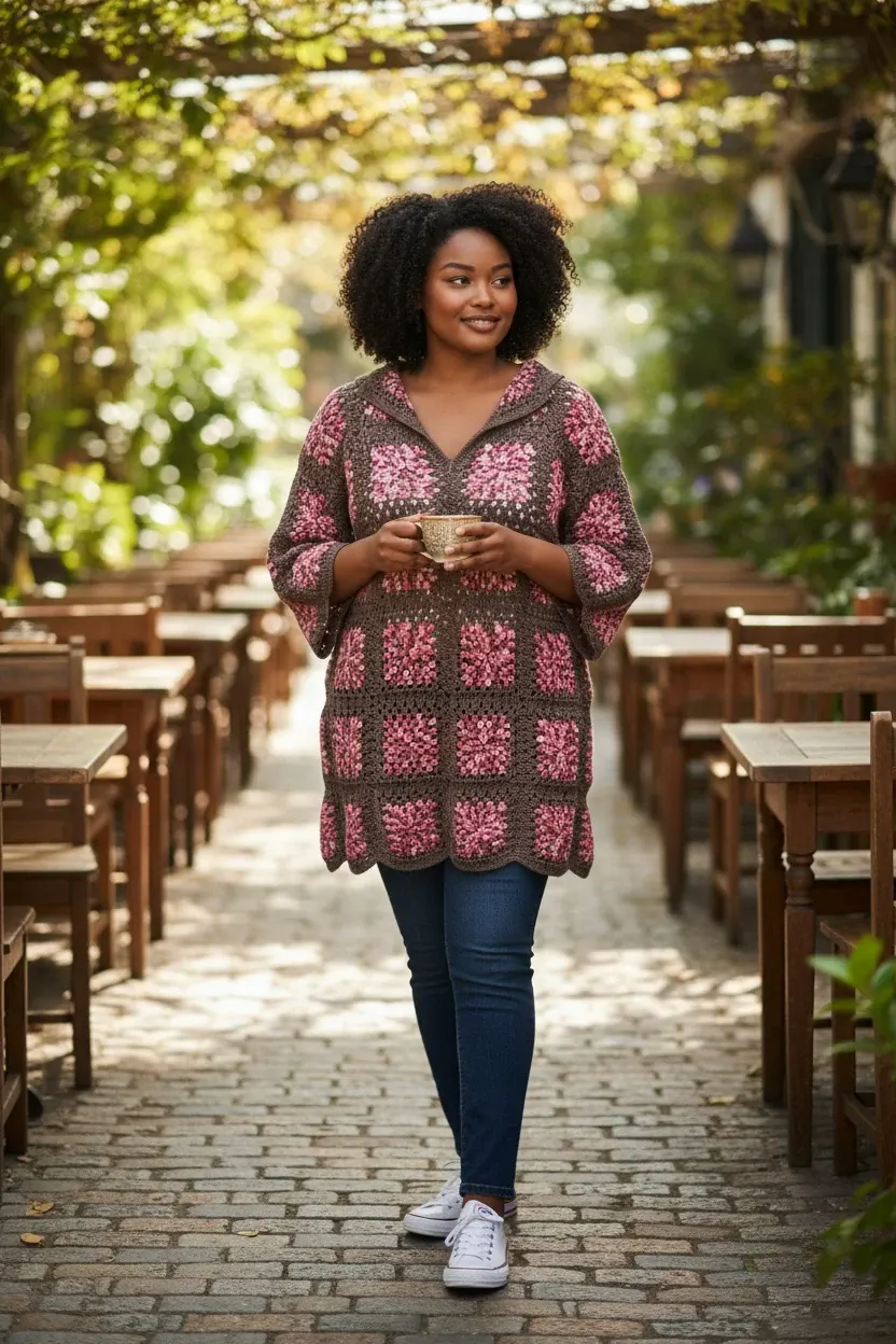 Brown Floral Crochet Tunic & Cardigan Set — handmade crochet by Leila's, Markham Ontario