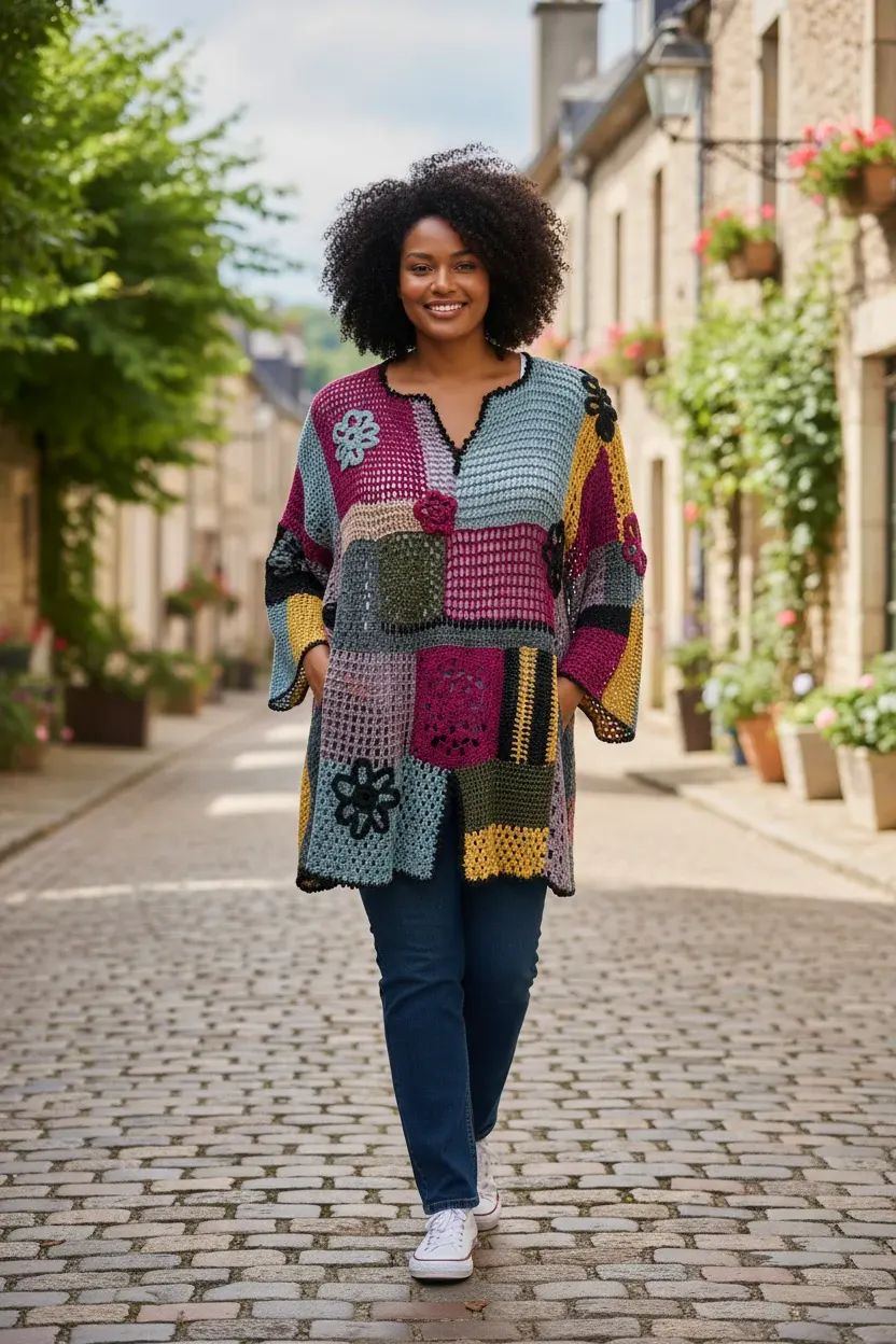 Patchwork Granny-Square Tunic — handmade crochet by Leila's, Markham Ontario