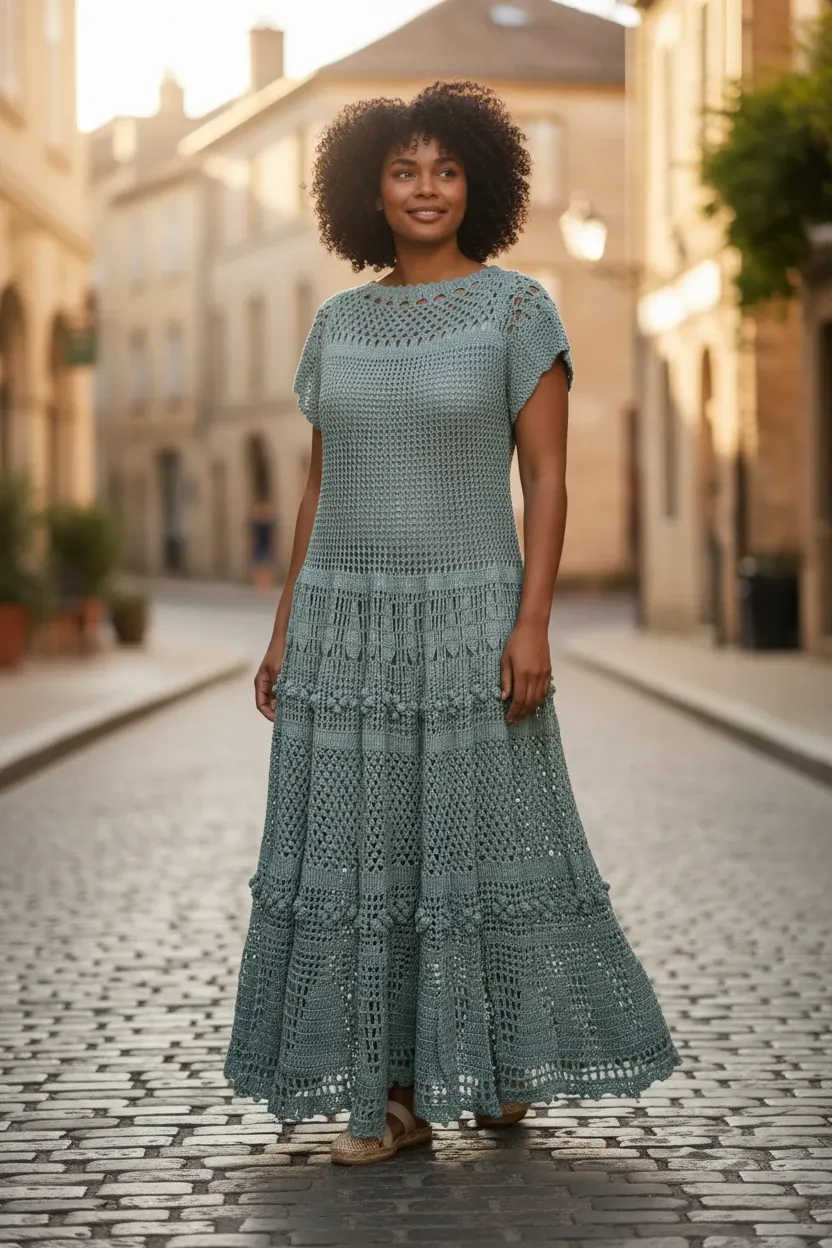 Handmade sage lace crochet dress for a wedding