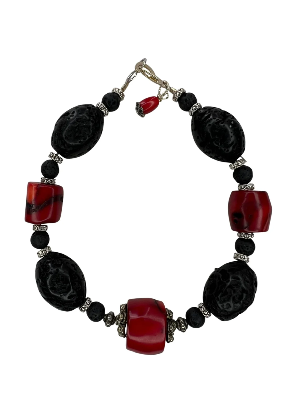 Lava & Red Coral Bracelet — handmade gemstone jewellery by Leila's, Markham Ontario