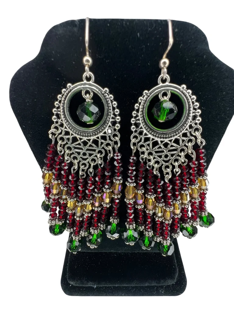 Green Chandelier Tassel Earrings — handmade gemstone jewellery by Leila's, Markham Ontario