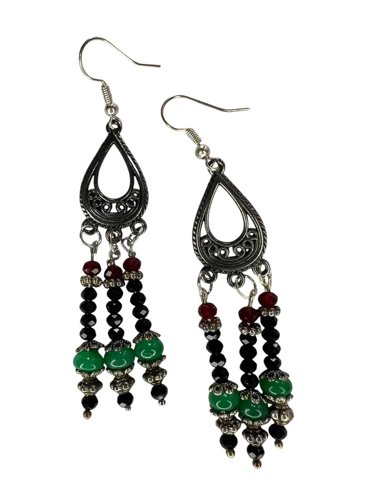 Green & Black Tassel Earrings — handmade gemstone jewellery by Leila's, Markham Ontario