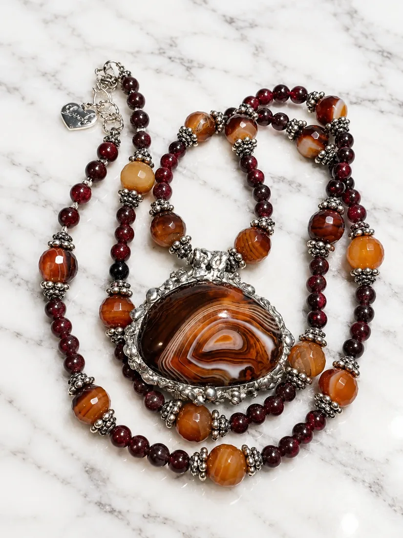 Banded Agate & Garnet Pendant Necklace — view 2
