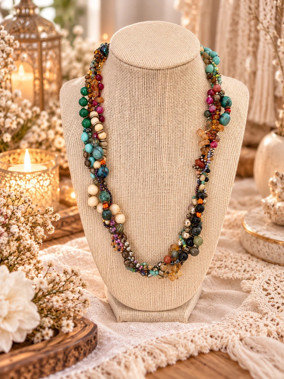 Agate, Citrine & Turquoise Twist Necklace — handmade gemstone jewellery by Leila's, Markham Ontario