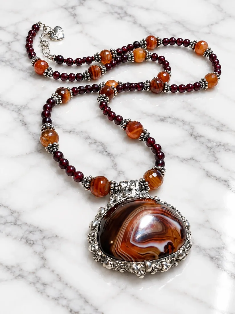 Banded Agate & Garnet Pendant Necklace — handmade gemstone jewellery by Leila's, Markham Ontario