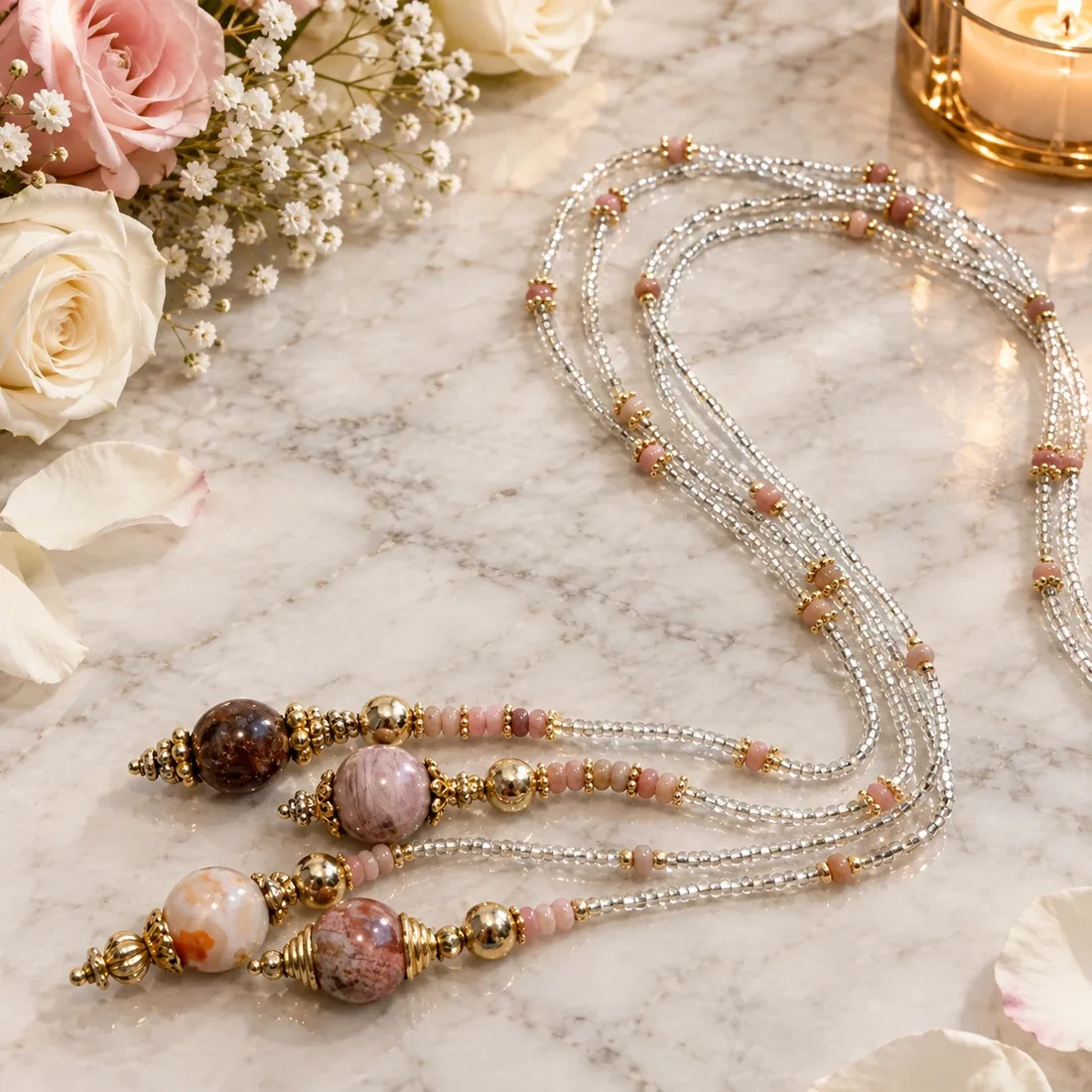 Agate & Rhodochrosite Lariat Necklace — view 2