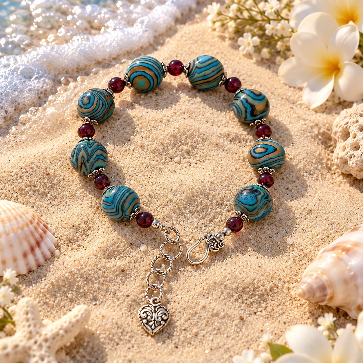 Blue Lucky Malachite & Agate Bracelet — handmade gemstone jewellery by Leila's, Markham Ontario