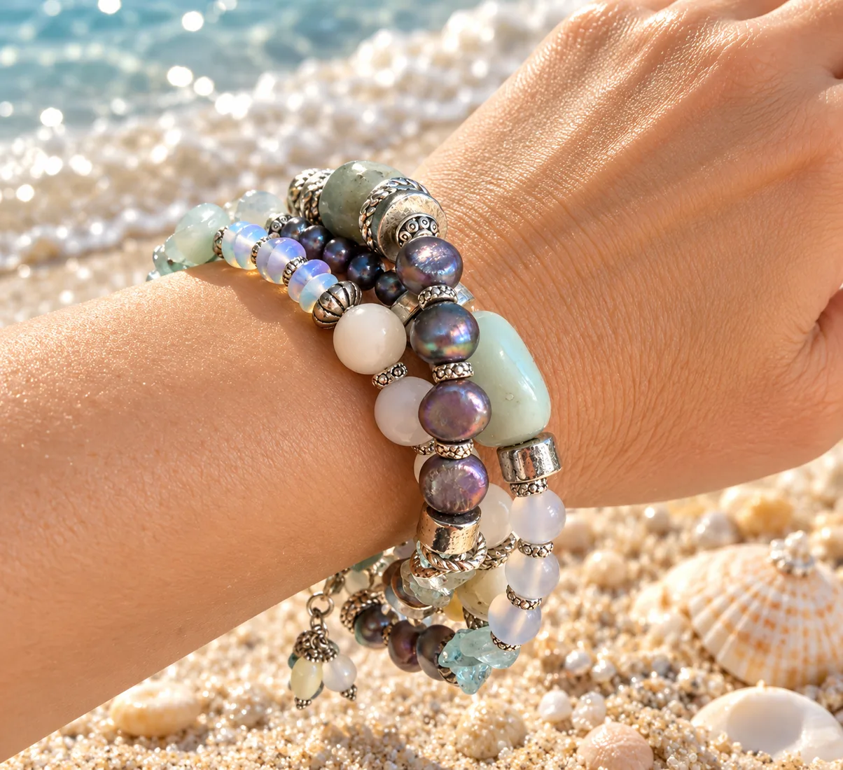 Bohemian Aquamarine & White Opal Bracelet — view 2