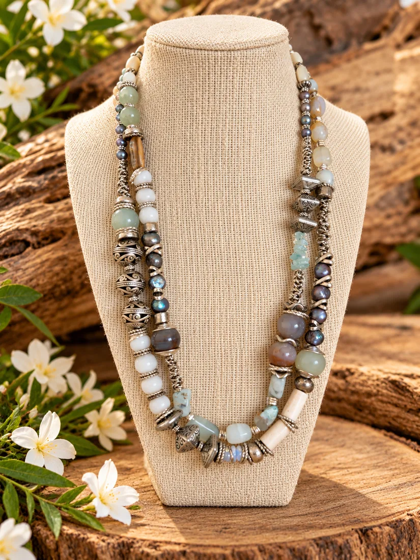 Bohemian Aquamarine & White Opal Necklace — handmade gemstone jewellery by Leila's, Markham Ontario