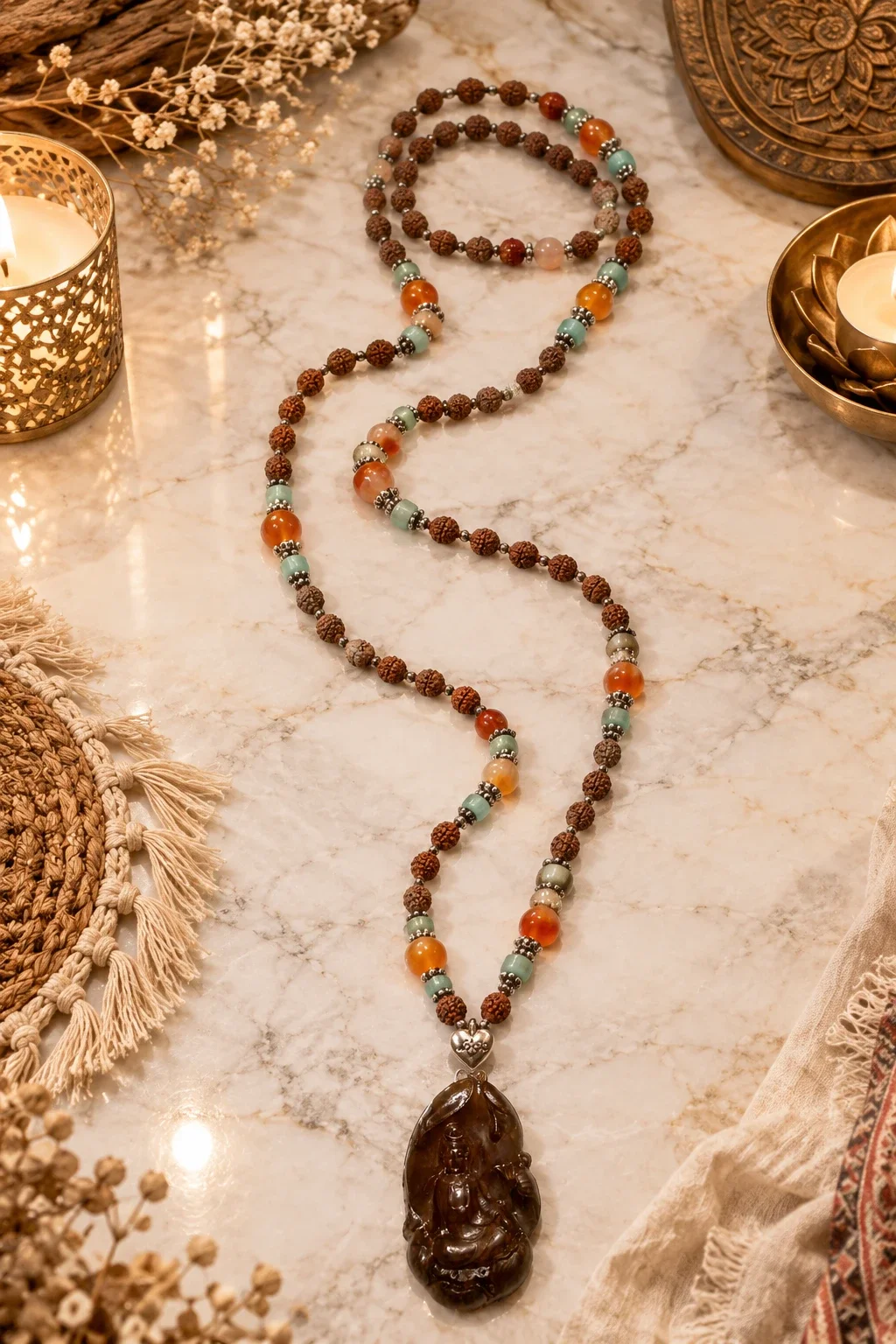 Carved Buddha, Rudraksha & Orange Agate Necklace — view 2