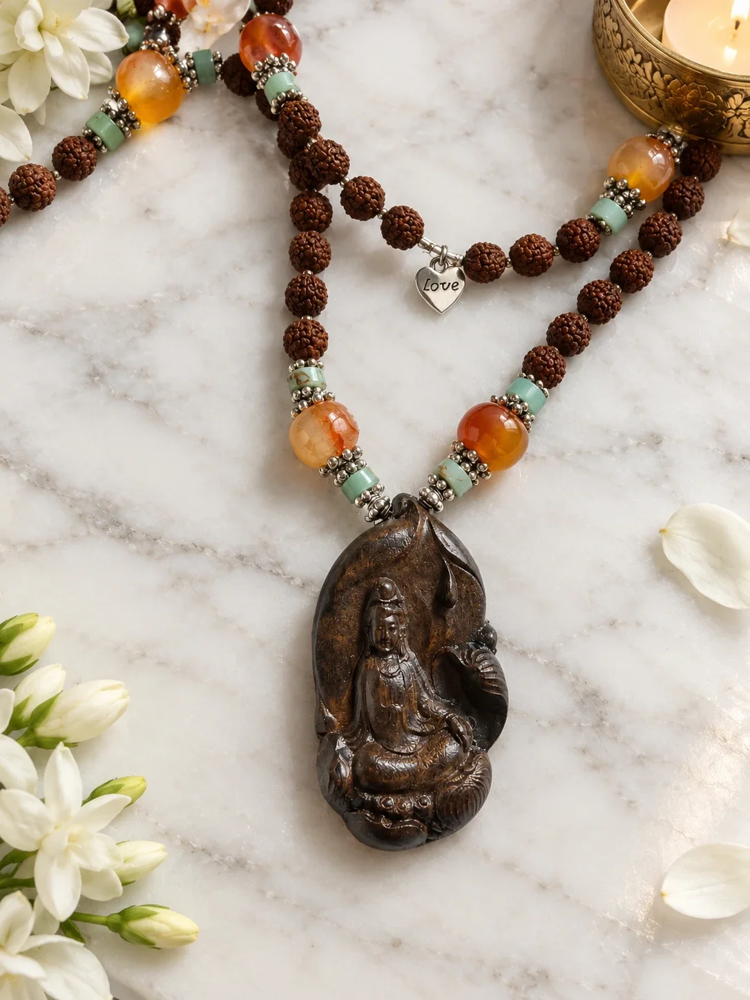 Carved Buddha, Rudraksha & Orange Agate Necklace — view 3