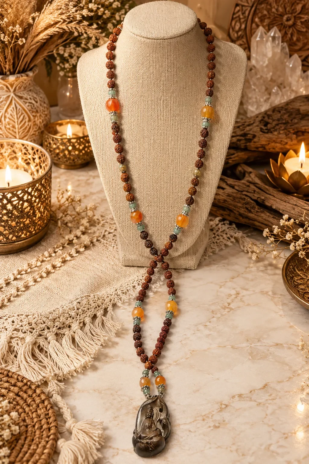 Carved Buddha, Rudraksha & Orange Agate Necklace — handmade gemstone jewellery by Leila's, Markham Ontario