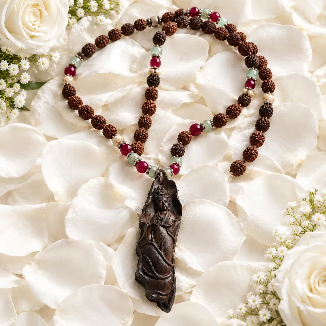 Carved Buddha & Rudraksha Necklace — view 2