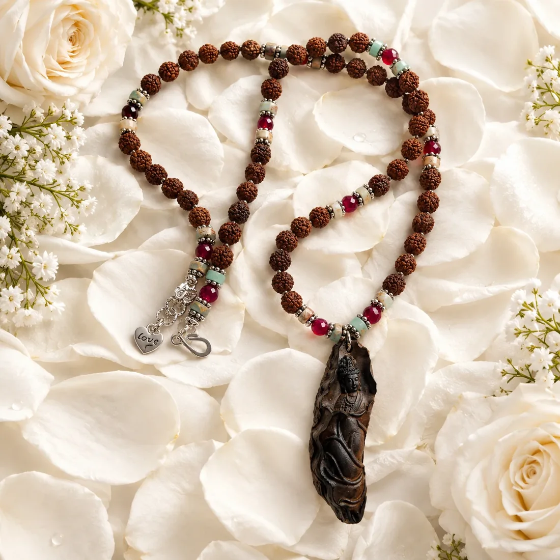 Carved Buddha & Rudraksha Necklace — handmade gemstone jewellery by Leila's, Markham Ontario