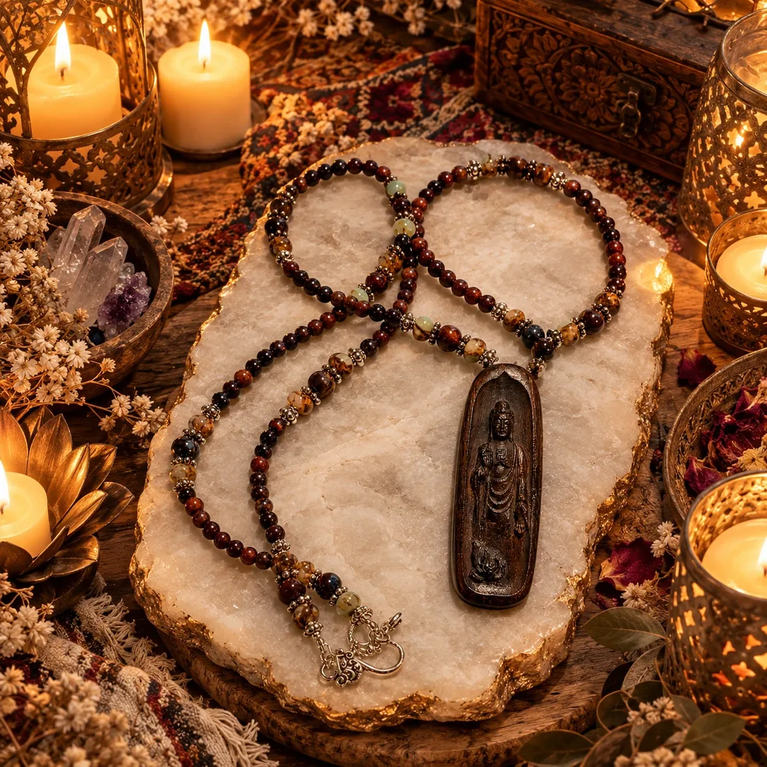Carved Buddha & Red Tiger Eye Necklace — view 2