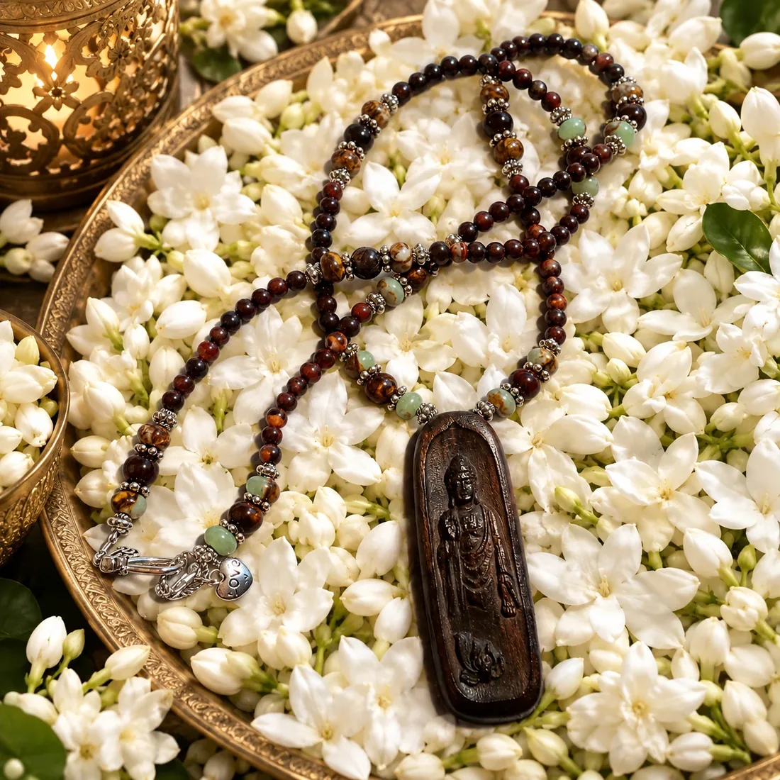 Carved Buddha & Red Tiger Eye Necklace — handmade gemstone jewellery by Leila's, Markham Ontario