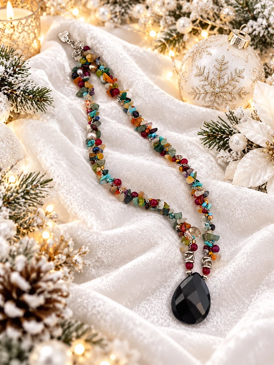 Multi-Gemstone Chip Necklace with Onyx Pendant — view 2