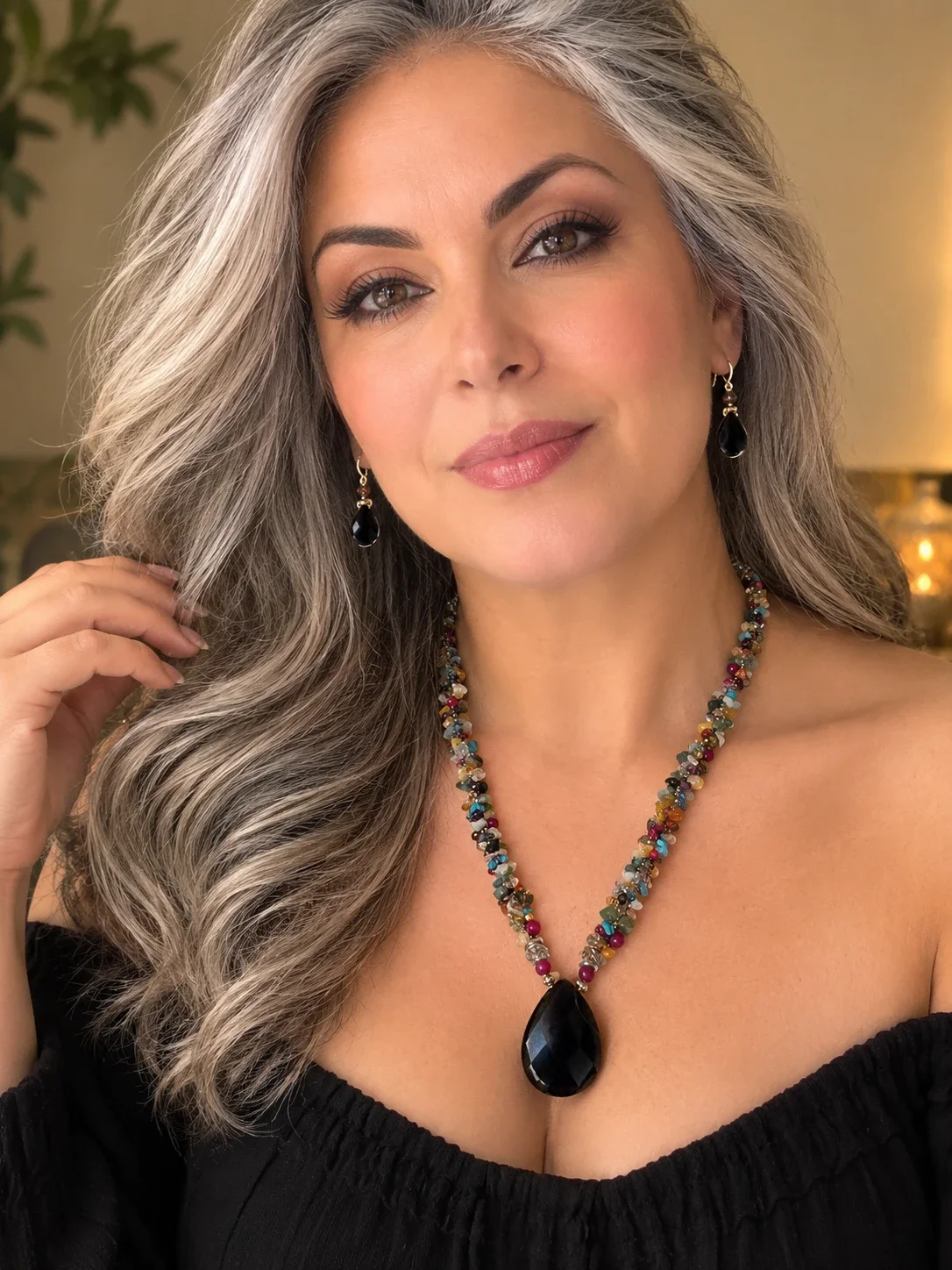 Multi-Gemstone Chip Necklace with Onyx Pendant — view 3
