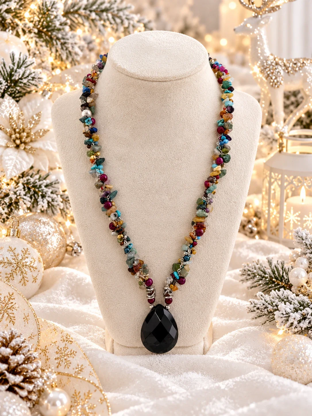 Multi-Gemstone Chip Necklace with Onyx Pendant — handmade gemstone jewellery by Leila's, Markham Ontario