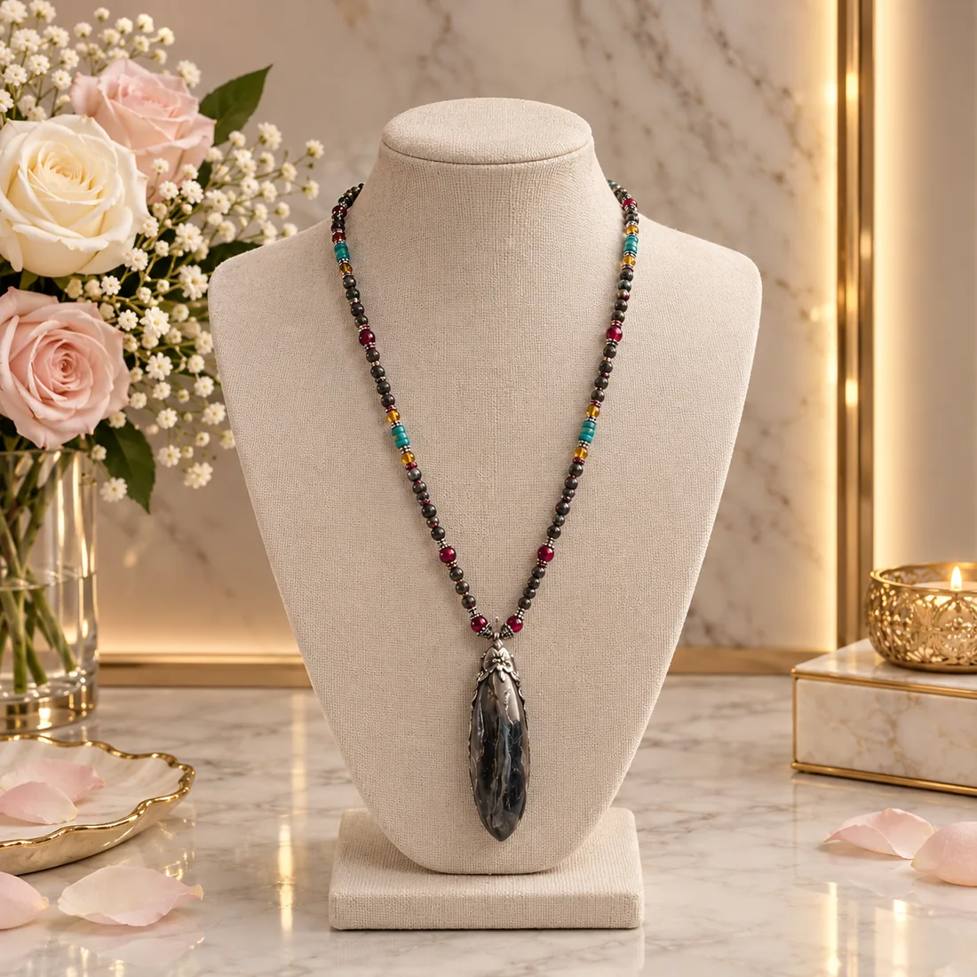 Fluorescent Agate Drop Necklace — handmade gemstone jewellery by Leila's, Markham Ontario