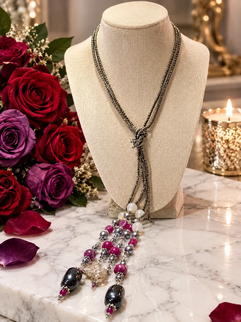 Hematite & Chalcedony Lariat Necklace