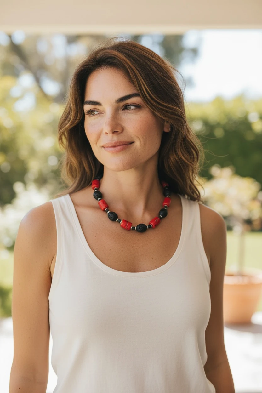 Lava & Red Coral Necklace — handmade gemstone jewellery by Leila's, Markham Ontario
