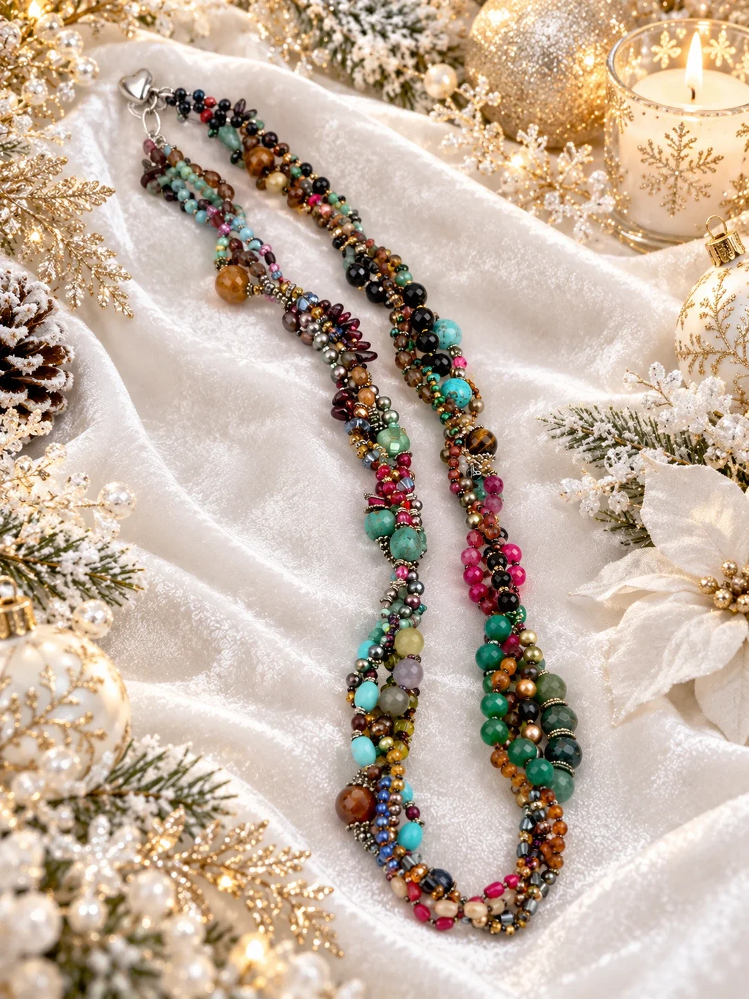 Multi-Colour Gemstone & Pearl Twist Necklace — view 2