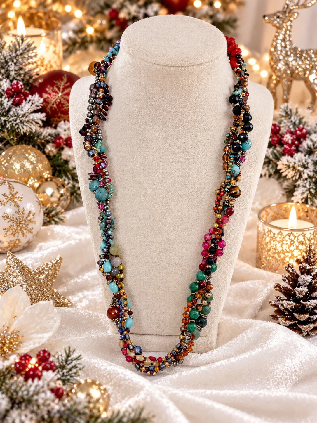 Multi-Colour Gemstone & Pearl Twist Necklace — handmade gemstone jewellery by Leila's, Markham Ontario