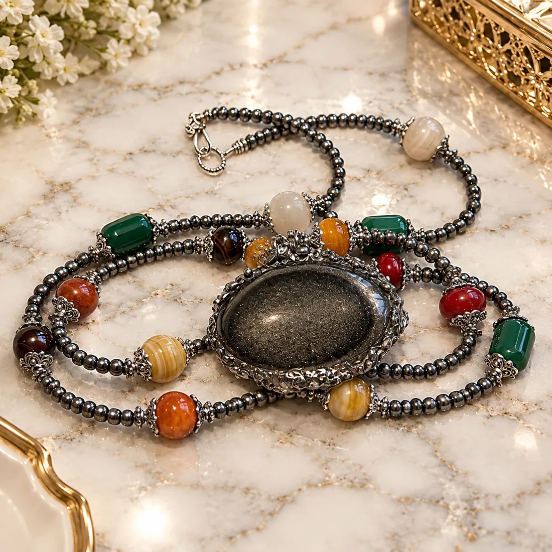 Obsidian & Agate Pendant Necklace — view 2