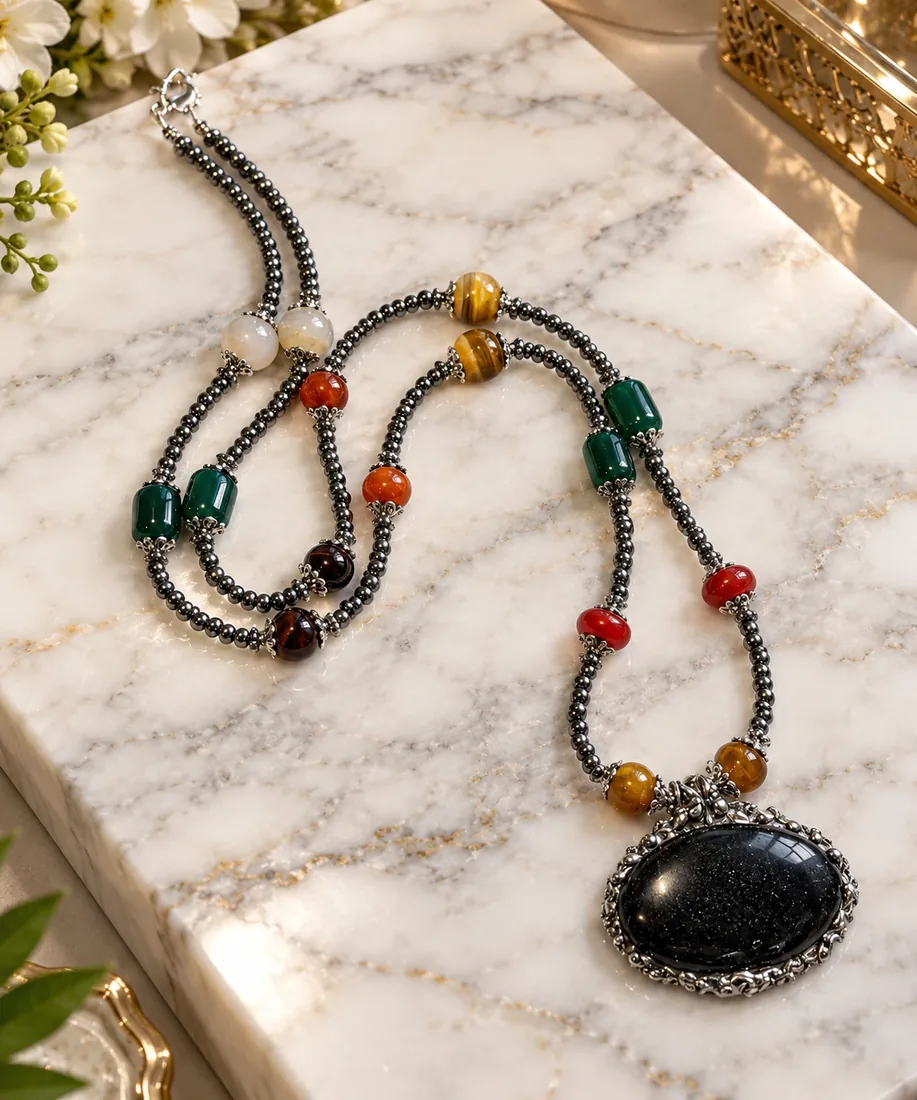 Obsidian & Agate Pendant Necklace — view 3
