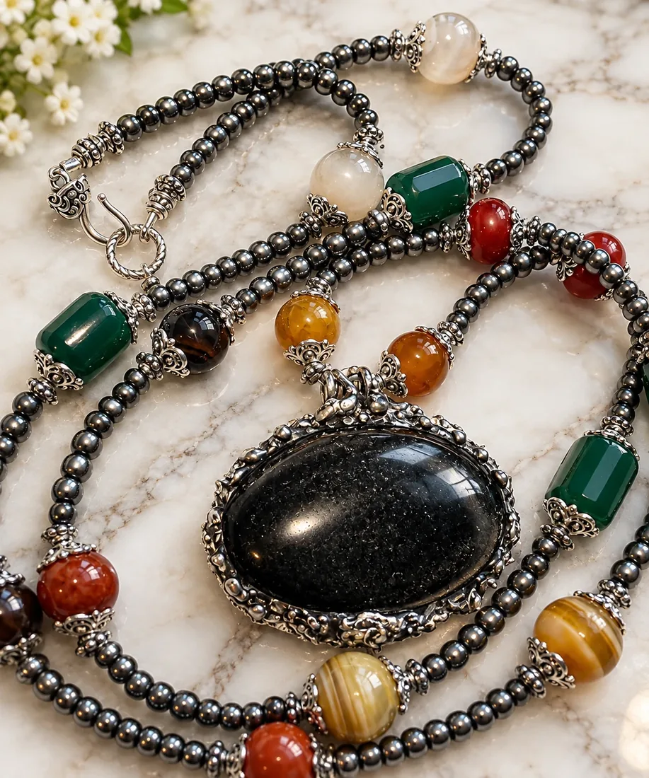 Obsidian & Agate Pendant Necklace — handmade gemstone jewellery by Leila's, Markham Ontario