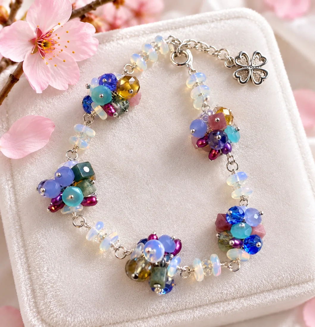 White Opal & Citrine Cluster Bracelet with Lucky Charm — handmade gemstone jewellery by Leila's, Markham Ontario
