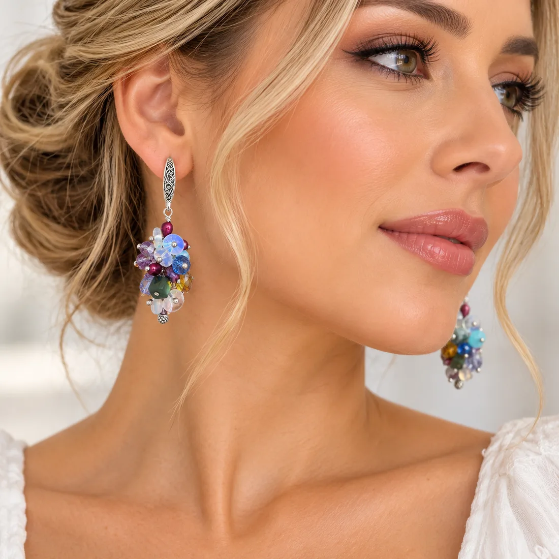 White Opal & Citrine Cluster Earrings — view 2