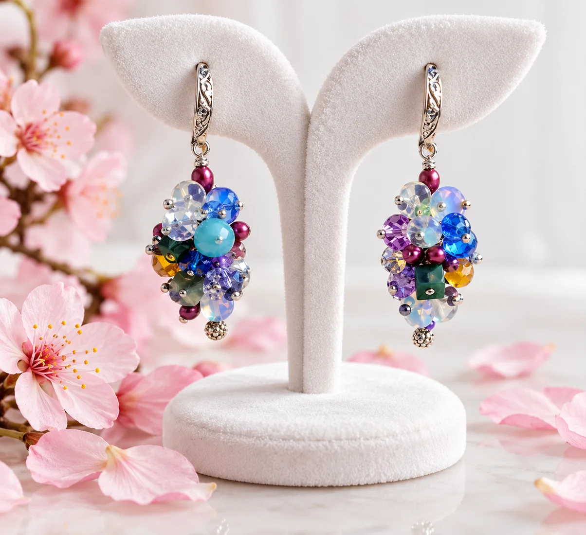 White Opal & Citrine Cluster Earrings — handmade gemstone jewellery by Leila's, Markham Ontario
