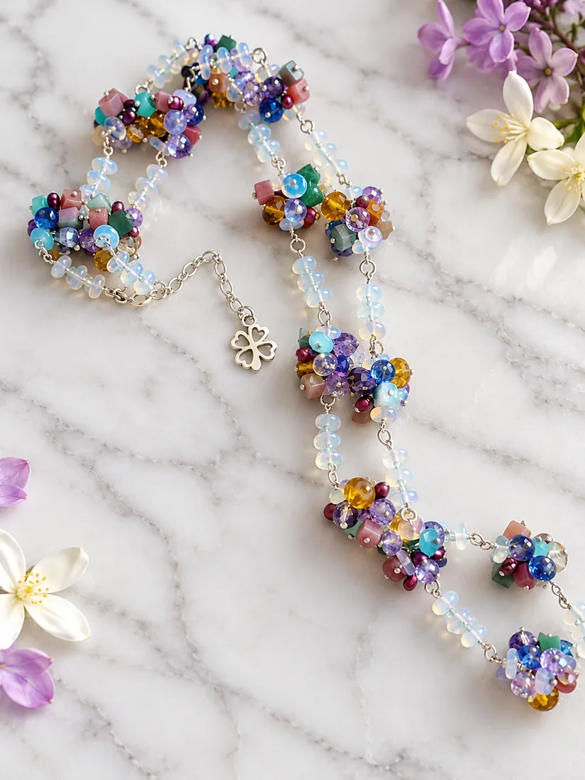 White Opal & Citrine Cluster Necklace — view 3