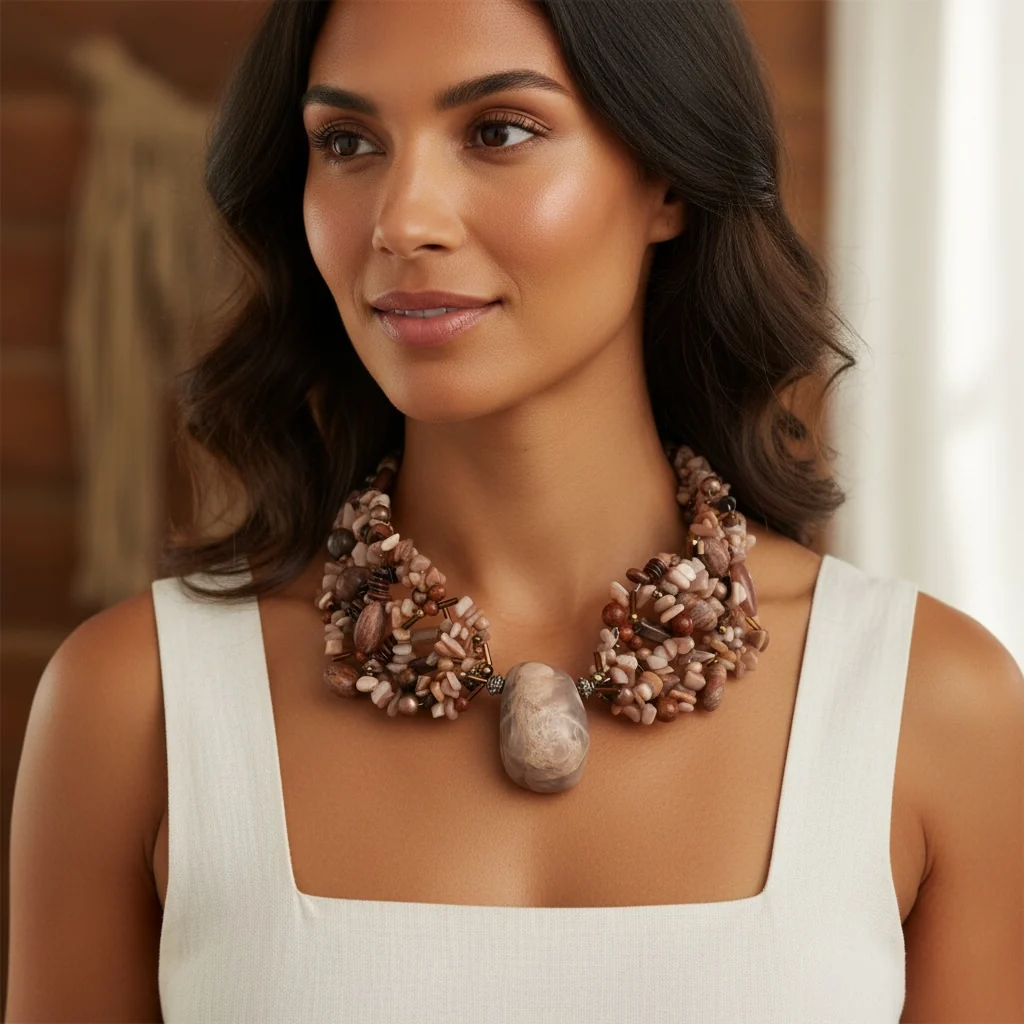 Pink Opal & Stone-Drop Statement Necklace — handmade gemstone jewellery by Leila's, Markham Ontario