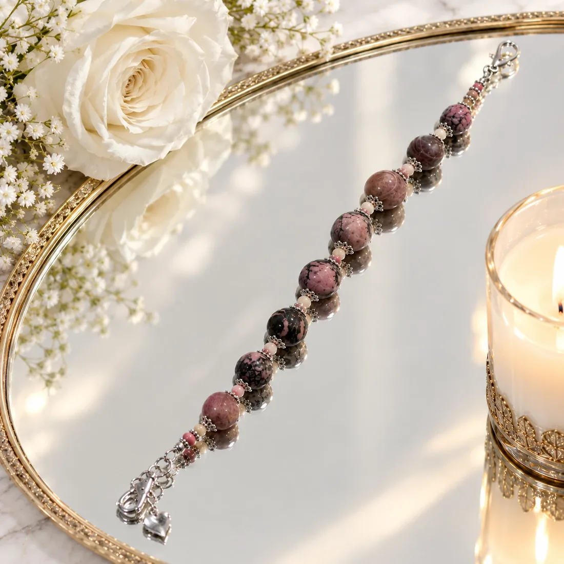 Rhodonite Stone Bracelet — handmade gemstone jewellery by Leila's, Markham Ontario