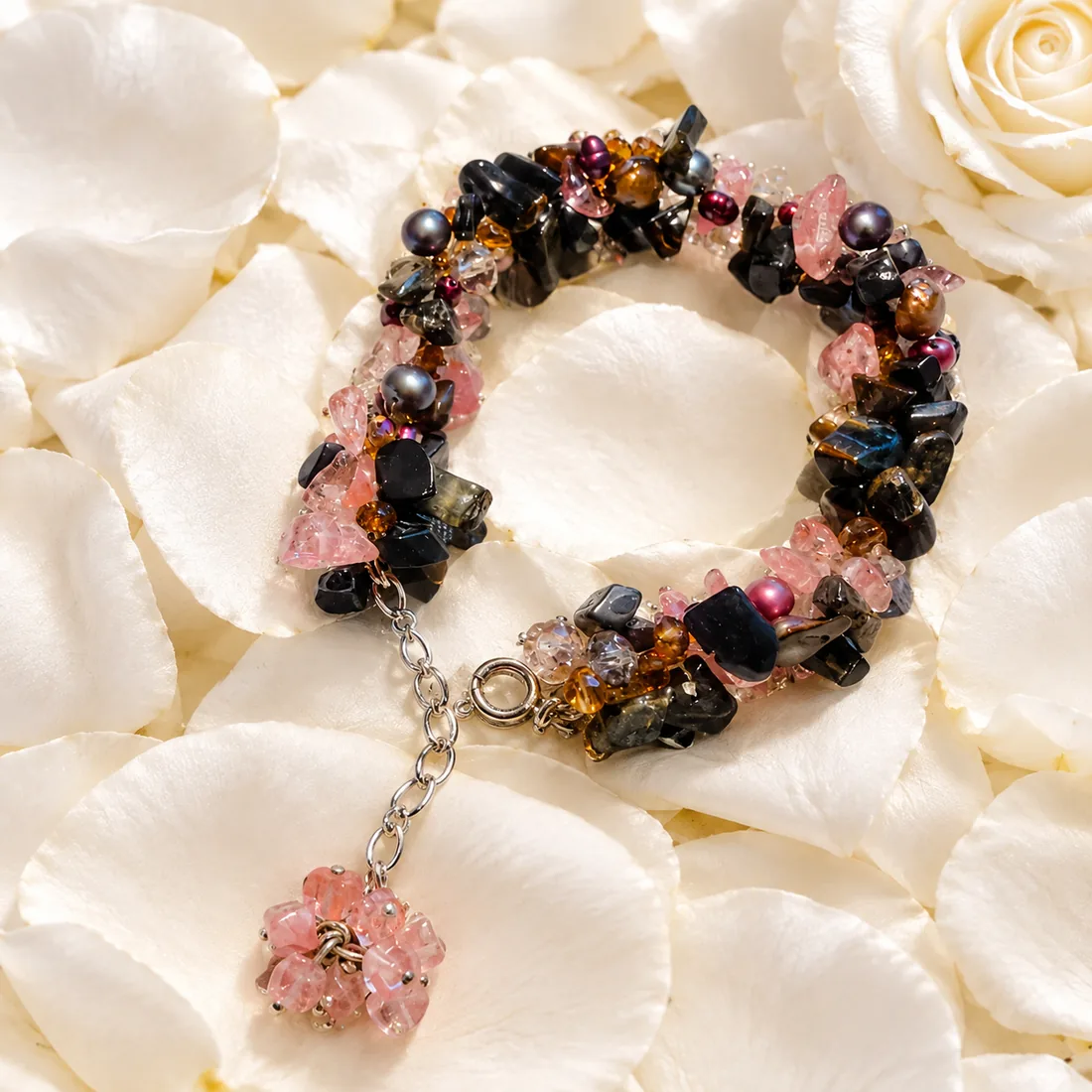 Rose Quartz & Tiger Eye Cluster Bracelet — handmade gemstone jewellery by Leila's, Markham Ontario