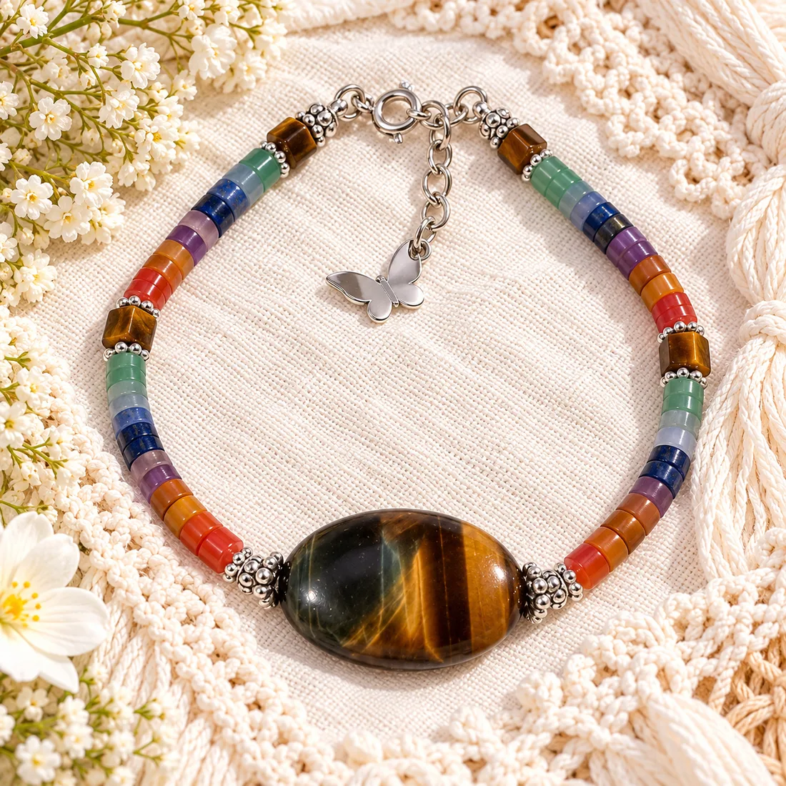 Seven Chakra Bracelet with Tiger Eye — handmade gemstone jewellery by Leila's, Markham Ontario