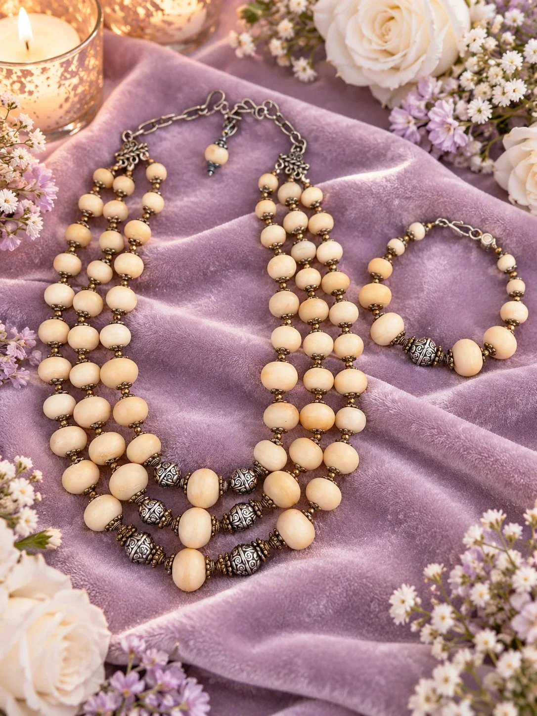 White Bone Bead Three-Strand Necklace — view 2