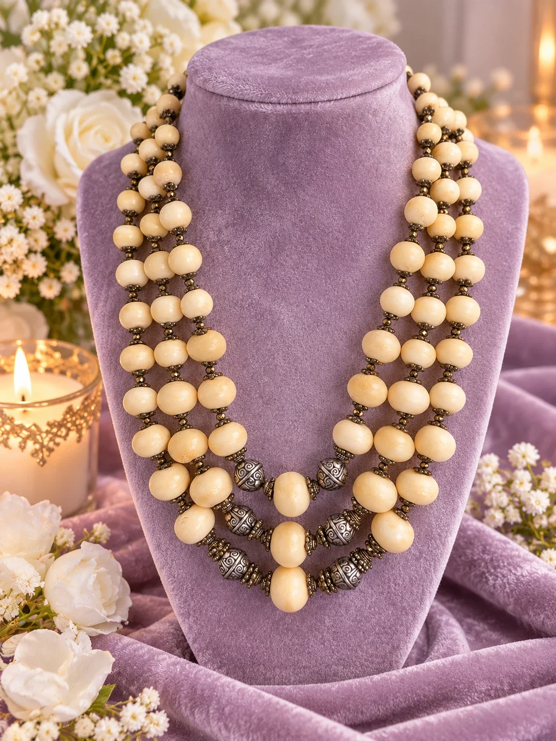 White Bone Bead Three-Strand Necklace