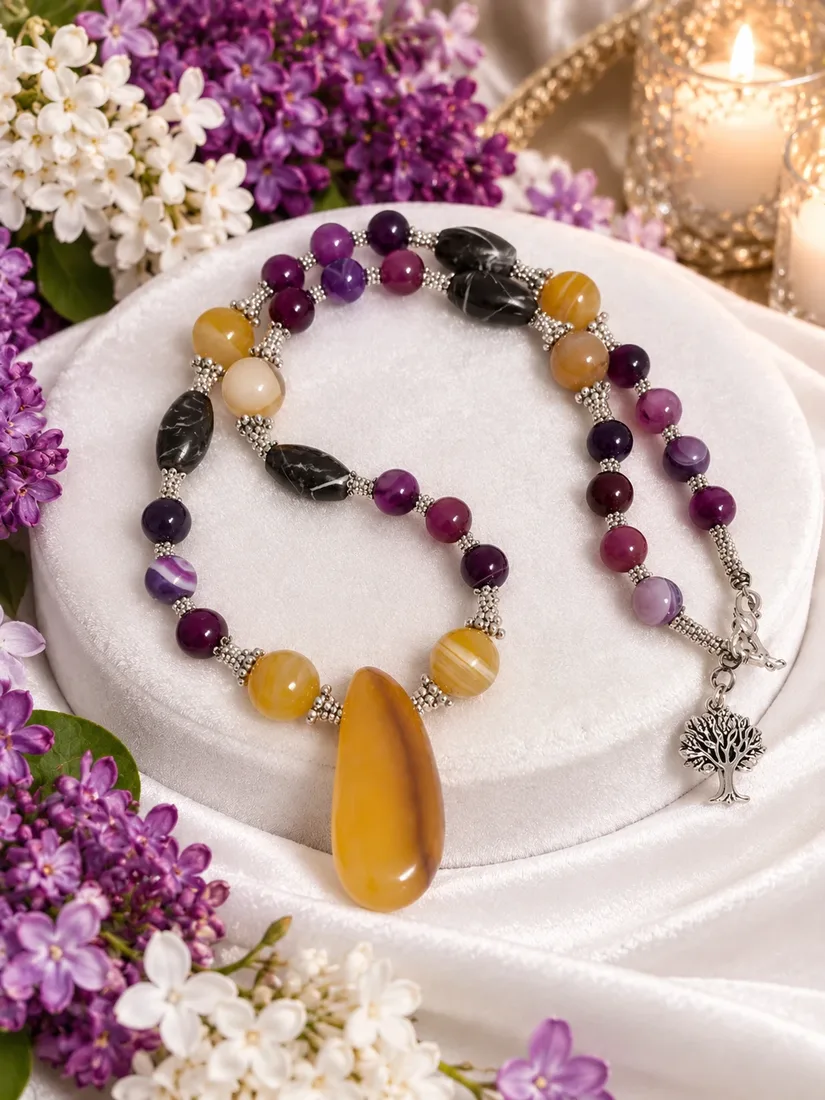 Yellow Agate Pendant & Amethyst Necklace — view 2