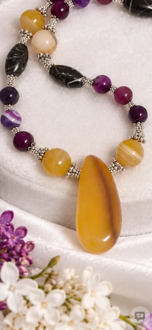 Yellow Agate Pendant & Amethyst Necklace — view 3