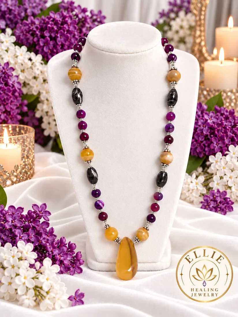 Yellow Agate Pendant & Amethyst Necklace — handmade gemstone jewellery by Leila's, Markham Ontario