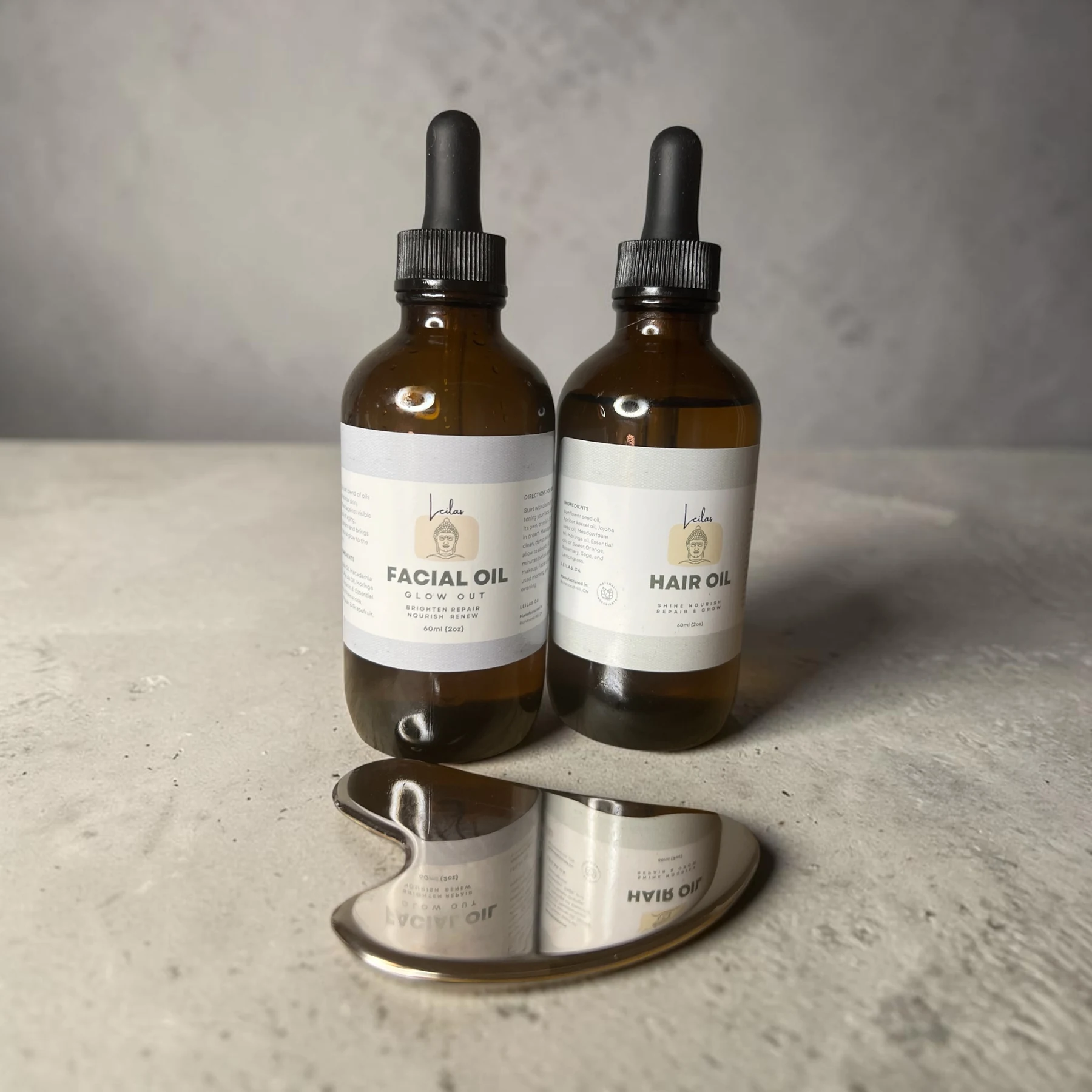 Leila's facial oil and hair oil with gua sha